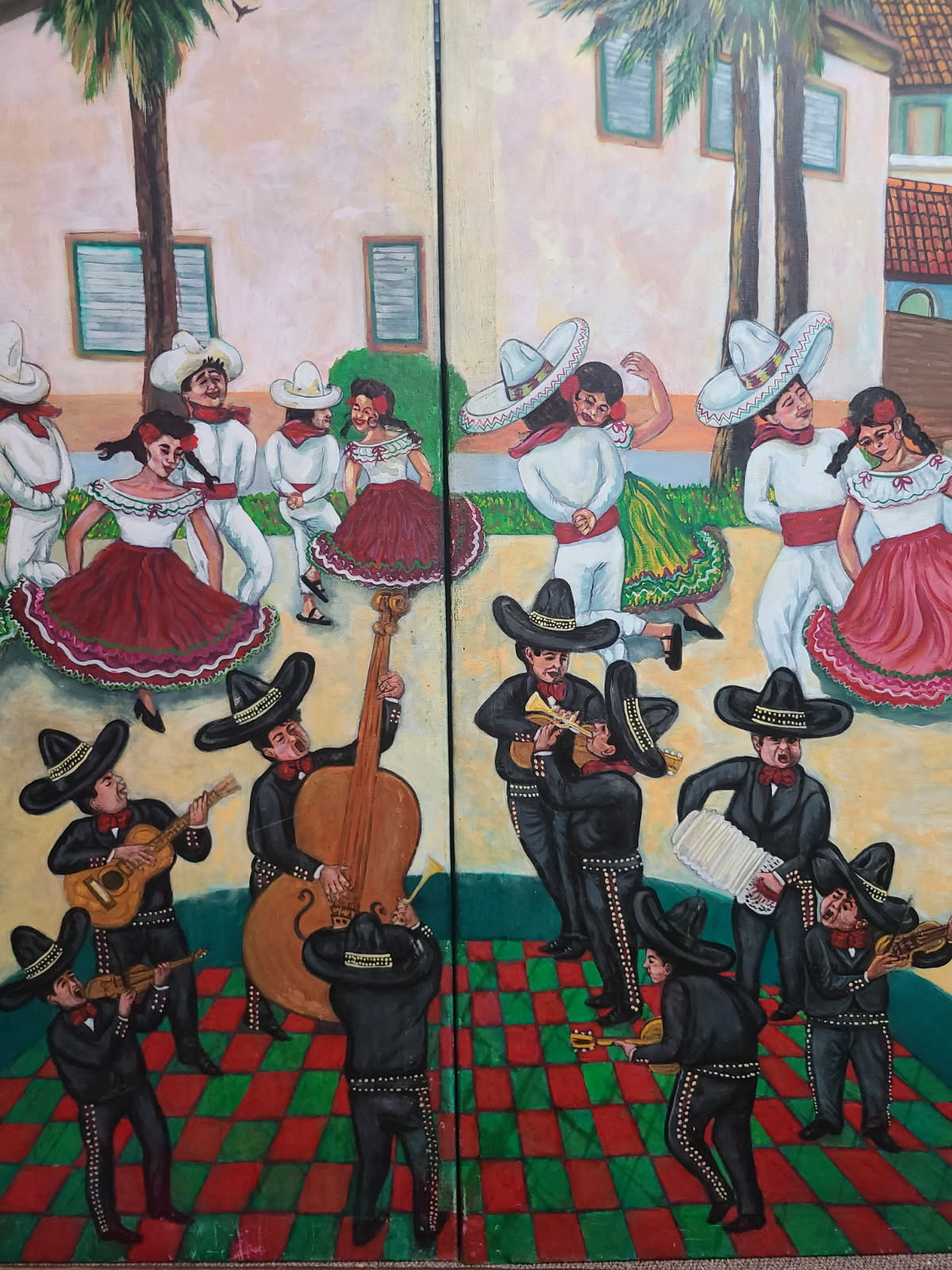 Painting of folklórico dancers and mariachi musicians by Kalim Quevedo